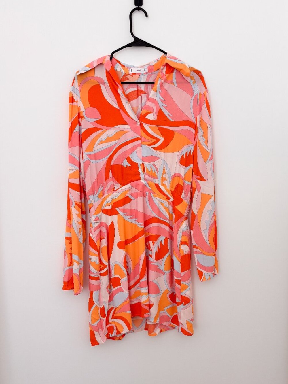 Mango Orange Abstract Retro Print Mini Long Sleeve Shirt Dress Size Large